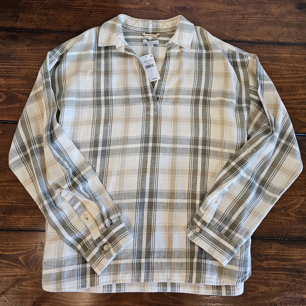 L.L. Bean Plaid Beige/Green Hemp/Cotton Loose Fit Pullover Women's Sz Large NWT - Picture 5 of 9